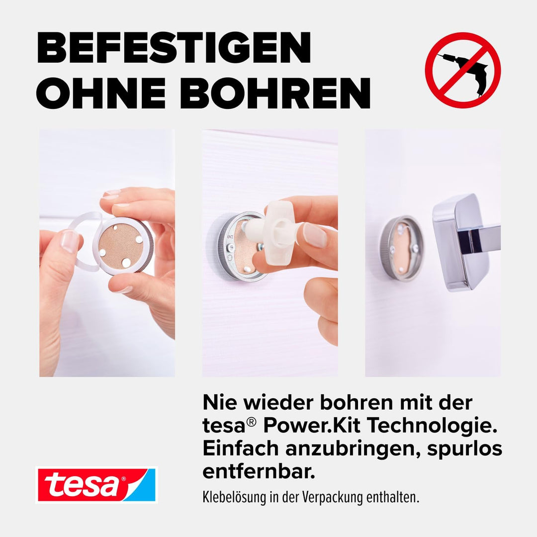 tesa ELEGAANT Handtuchstange, verchromt - Badetuchhalter zur Wandbefestigung ohne Bohren, inkl. Kleb