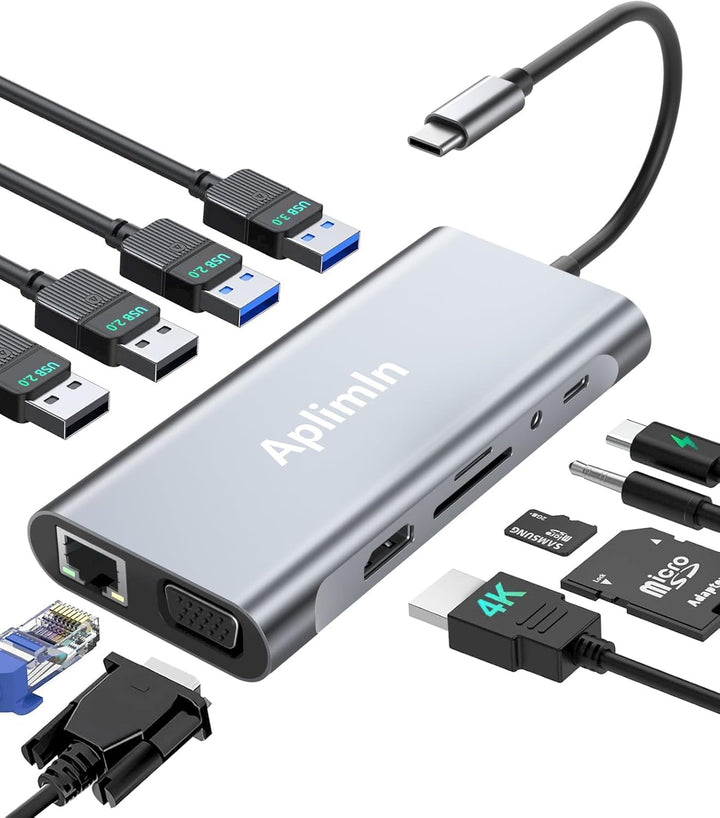 11 IN 1 HUB USB C Multiport Adapter, Ethernet LAN Netzwerkadapter mit 4K-HDMI VGA Adapter, USB 3.0&2