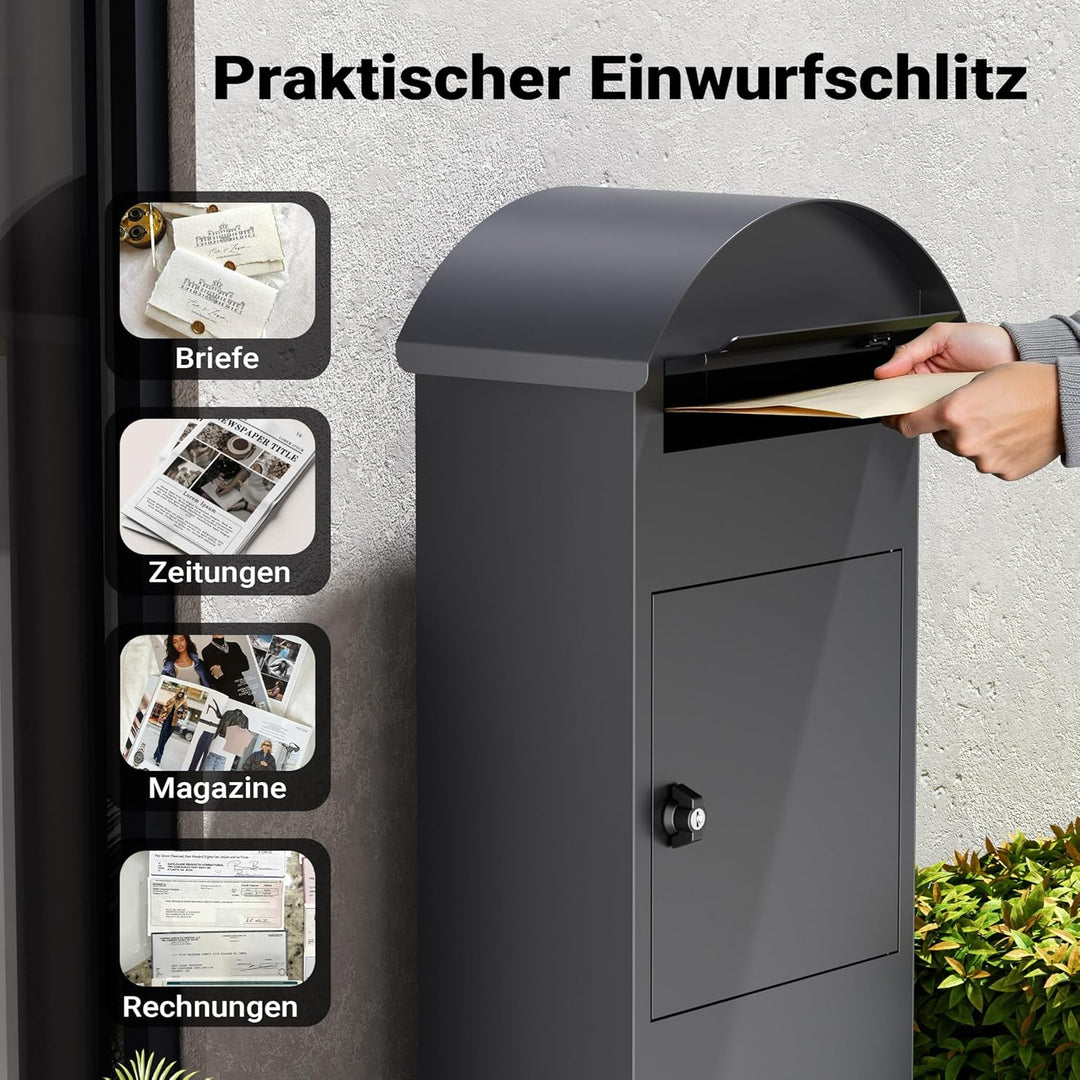 Wiltec Briefkasten grau 420 x 240 x 1020 mm, Standbriefkasten zur Bodenmontage mit Schloss, abschlie