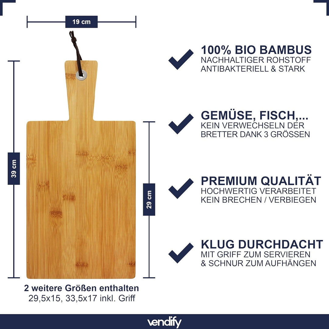 vendify® Schneidebrett Bambus 3er-Set & 6x Steakmesser - Frühstücksbrettchen 3 Grössen - Antibakteri