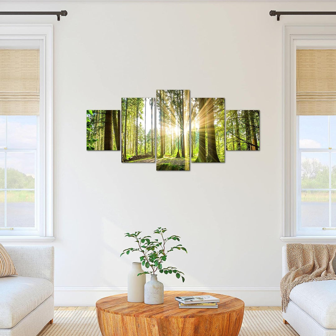 Runa Art Bild Schlafzimmer Wohnzimmer Wald Landschaft 5 Teilig Sonne Grün Wandbilder auf Vlies Leinw
