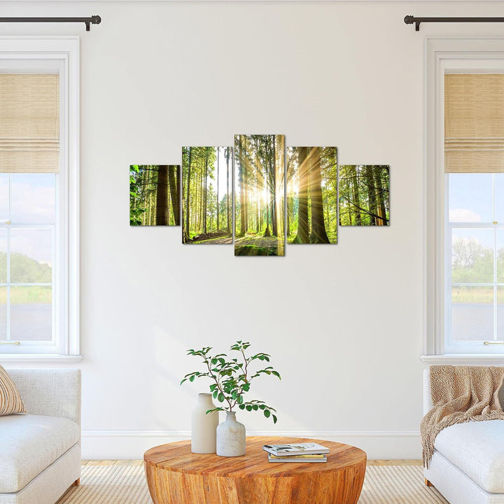 Runa Art Bild Schlafzimmer Wohnzimmer Wald Landschaft 5 Teilig Sonne Grün Wandbilder auf Vlies Leinw