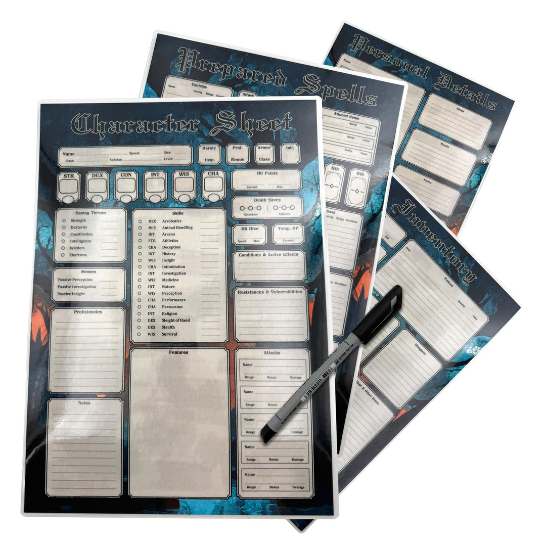2 Wiederverwendbare RPG Charakterbögen – 4 laminierte A4 Character Sheets (8 Seiten), Wet-Erase-Stif