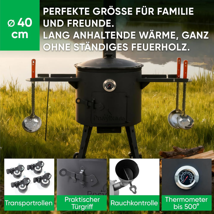 Utschak Feuerofen Ø 40cm mit Kazan Gusseisen 12L, Ø 42,5cm| Räder & Ablagen & Schaumlöffel | Kasan-S