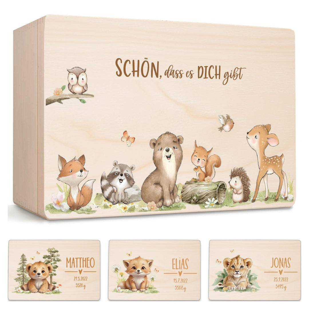 Little Deco Erinnerungsbox Baby Holzkiste mit Waldtiere | M - 30 x 20 x 13 cm Geburt & Taufe für Mäd