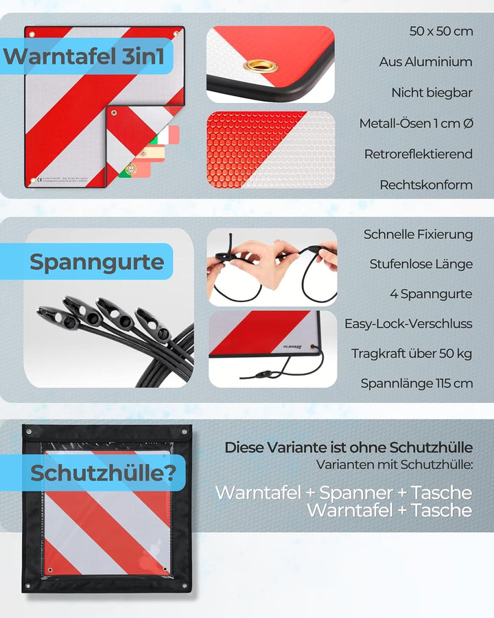 PLANGER® - Warntafel Italien und Spanien (Schild + Gepäckspanner) 2in1 (50 x 50 cm) - Reflektierende