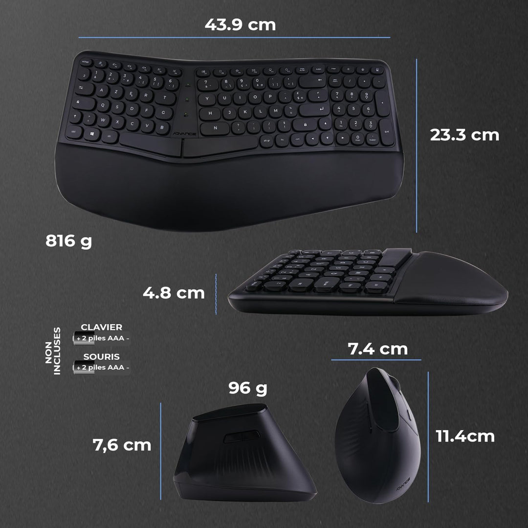 AD ADVANCE - Smartergo Set aus kabelloser Tastatur, ergonomisch, für PC, vertikale Maus, 57 °, verst