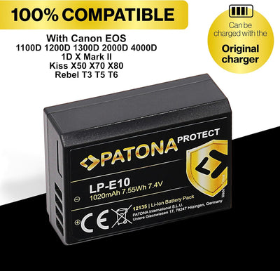 PATONA Protect V1 (2X) Ersatz für Akku Canon LP-E10 (echte 1020mAh) mit NTC-Sensor und V1 Gehäuse ko