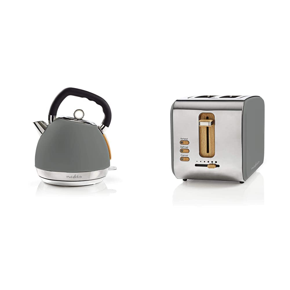 Nedis Elektrischer Wasserkocher, 1,8 l, weich, Grau &amp; Toaster | Soft Touch Serie | 2 Steckplätze | B