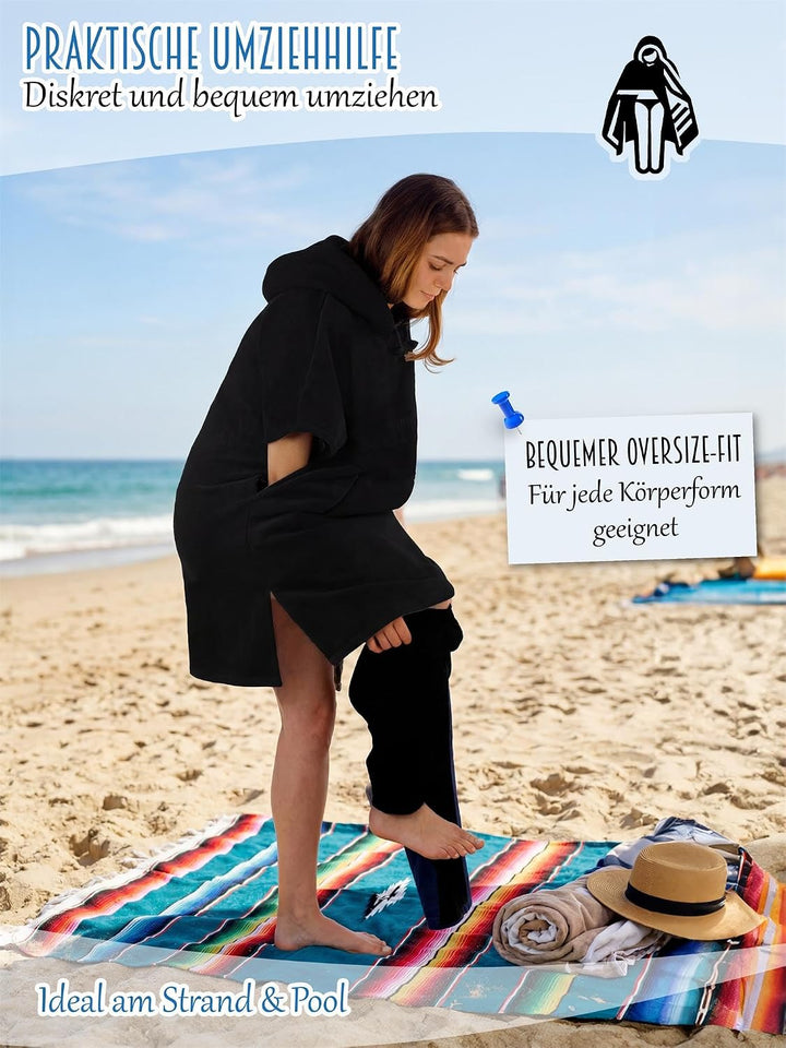 normani Baumwoll Surfer Poncho - Strandponcho - Handtuch-Poncho - Unisex Strand Umziehhilfe - geschl