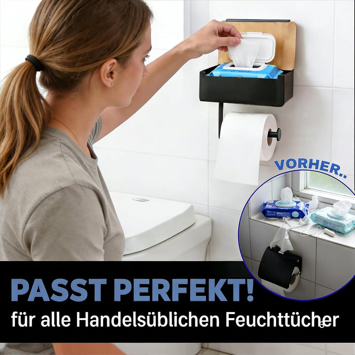 Toilettenpapierhalter mit Feuchttücherbox - Edelstahl & Bambus - Toilettenpapierhalter ohne Bohren -