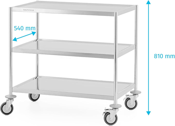 TECHNICA PRESTONA Servierwagen Edelstahl 3 Etagen mit Rollen & Bremse ohne Griffe 860x540x810mm Roll