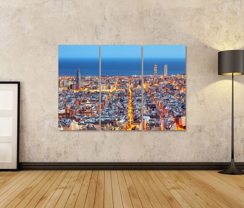 Bild auf Leinwand Barcelona Skyline Luftbild In Der Nacht Spanien Wandbild Poster Kunstdruck Bilder