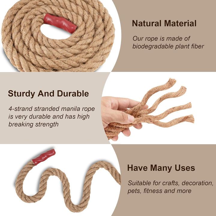 EMEKIAN Natürliches Jute-Manila-Seil, gedrehtes 4-strängiges Faser-Hanfseil für Sport, Dekoration, H