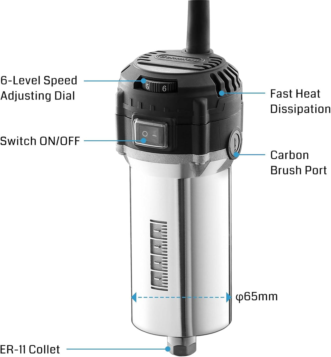 SainSmart 710W Kompakter Router mit 65 mm Durchmesser, 6 variablen Geschwindigkeiten, Handtrimmer-Ro