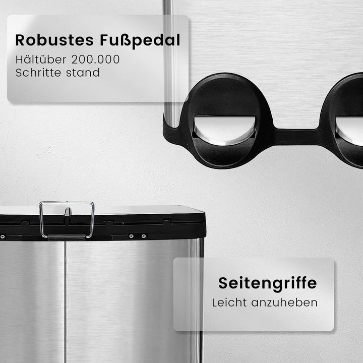 Mülleimer Küche 60l, 2x30L Mülltrennsystem, Tretmülleimer, Silber | Mülleimer 2 Fächer, Edelstahl, H