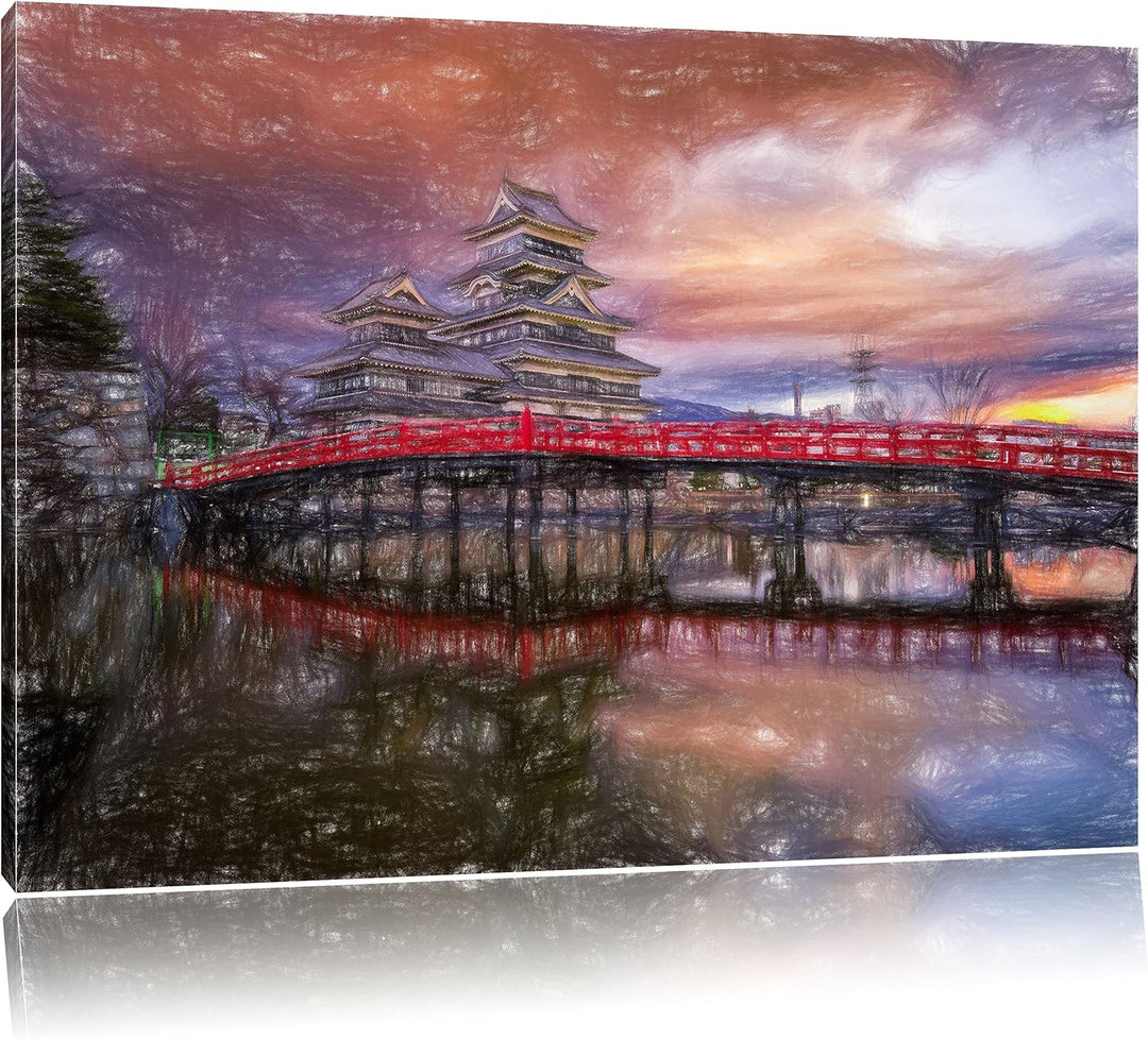 Pixxprint asiatischer Tempel an See / 100x70cm Leinwandbild bespannt auf Holzrahmen/Wandbild Kunstdr