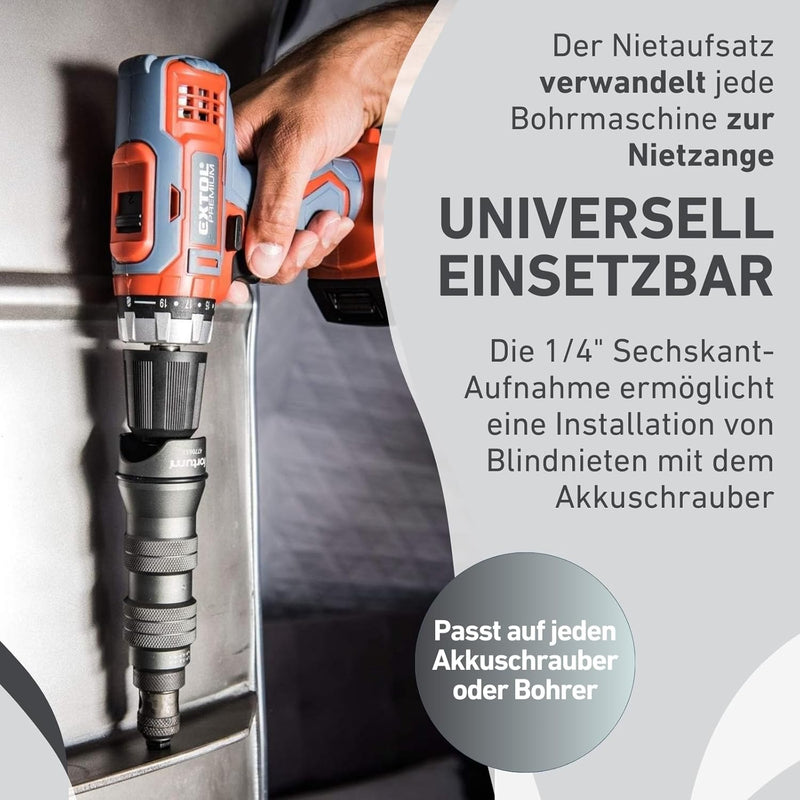 Fortum Nietaufsatz für Akkuschrauber oder Bohrmaschine für 2,4-4,8 mm (4 Mundstücke) Blindnieten aus