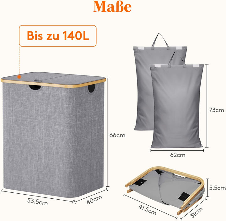 Lifewit 140L Wäschekorb mit 2 Fächern und Deckel, Hellgrau Hellgrau 140L, Hellgrau 140L