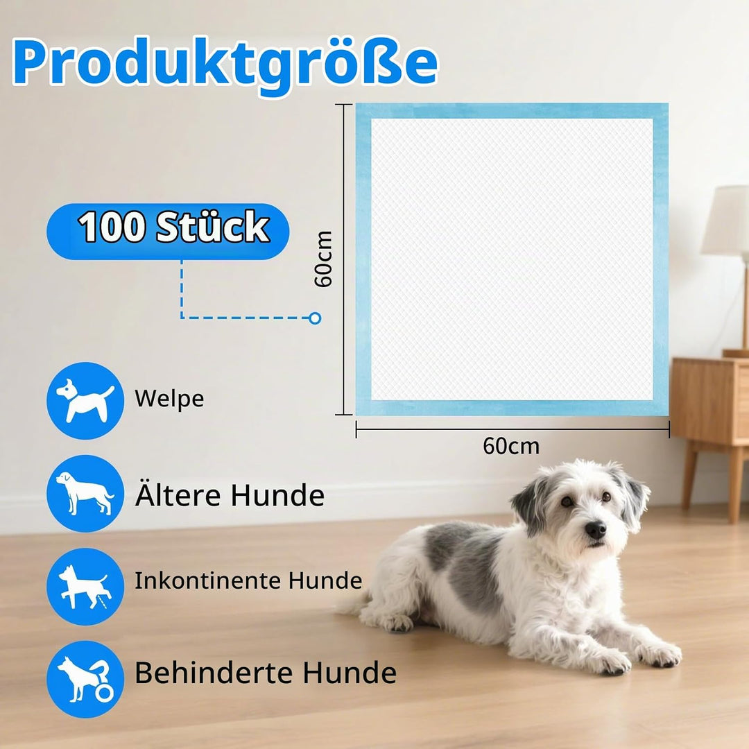 100 Stück Trainingspads für Hunde, 60X60 cm PIPI Matten für Welpen, Unterlagen Baby mit 6 Schichten