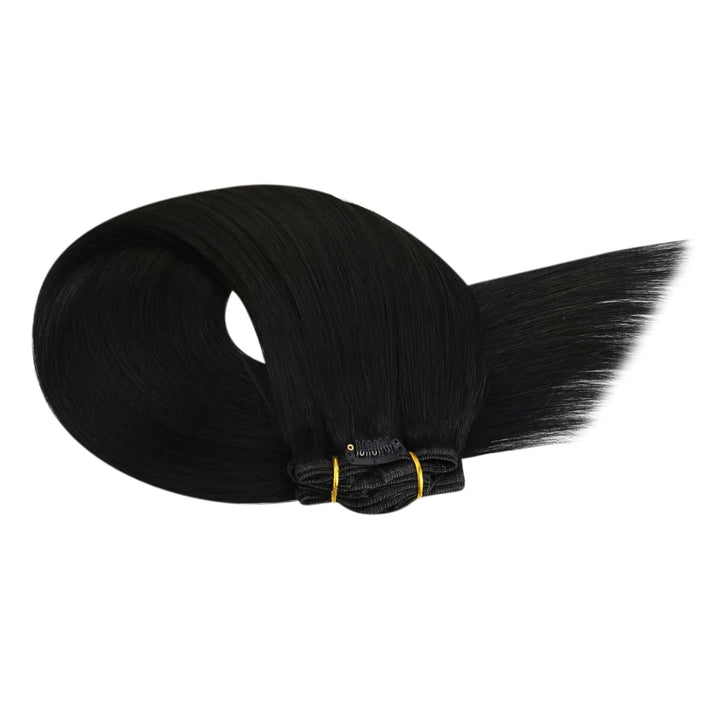 Ugeat 30cm Clip Extension Echthaar Schwarz Doppelt Tressen Haar Clip Extensions 5Stück Haarverlänger