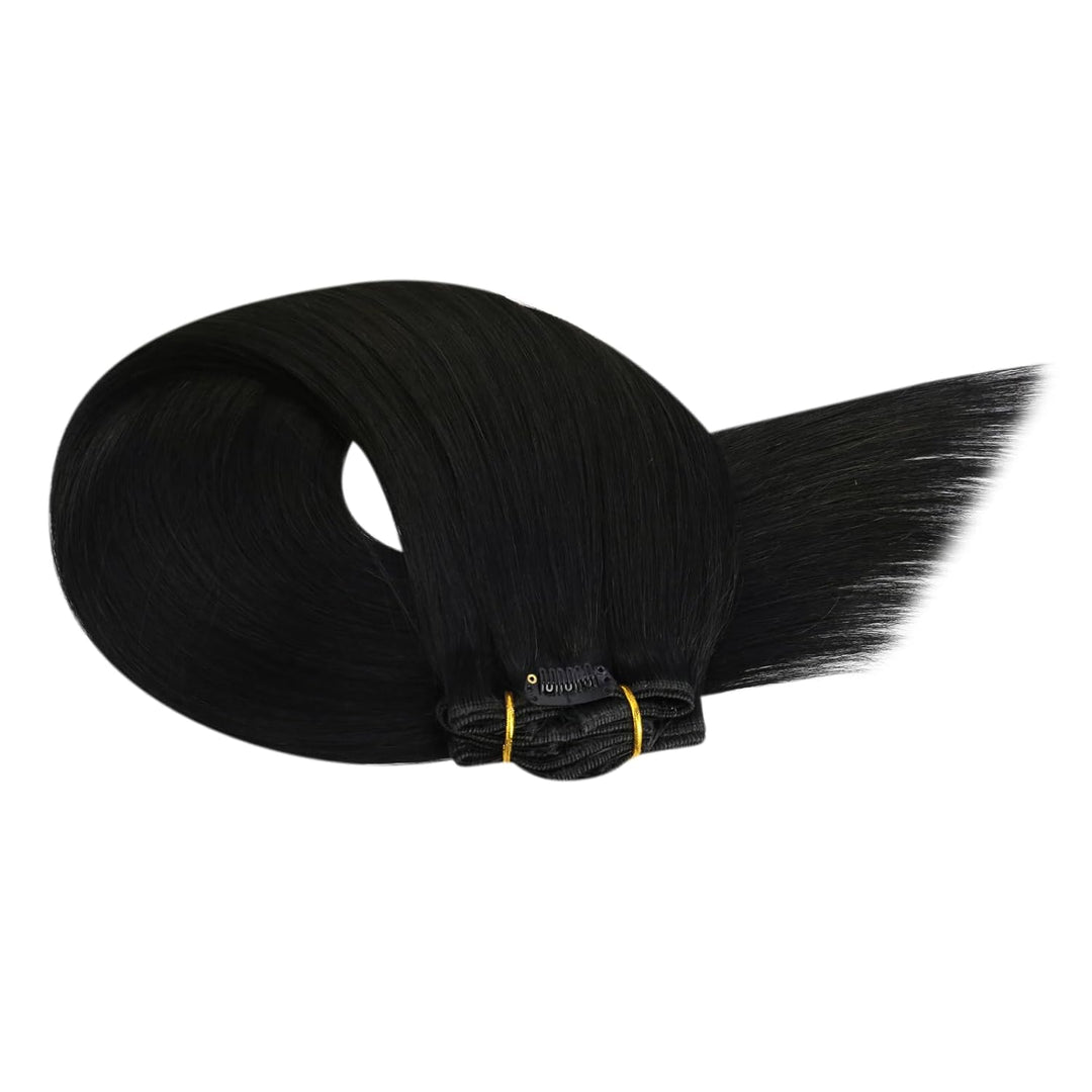 Ugeat 18Zoll/45cm Echthaar Extensions Clip in Schwarz Echte Haare Tressen Extensions 7Stück Clip in