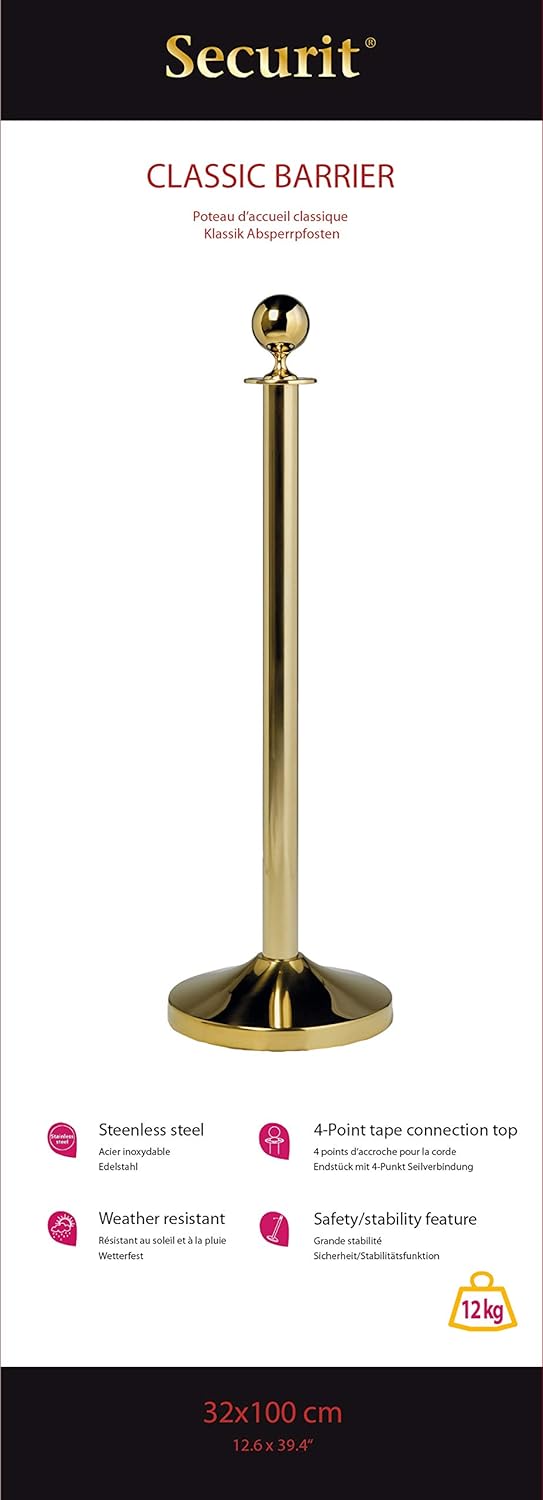 Securit Classic Barriere-Set – Gold – flach Head Post 100 cm & rund Boden 31 x 31 cm, Metall, 13 x 3