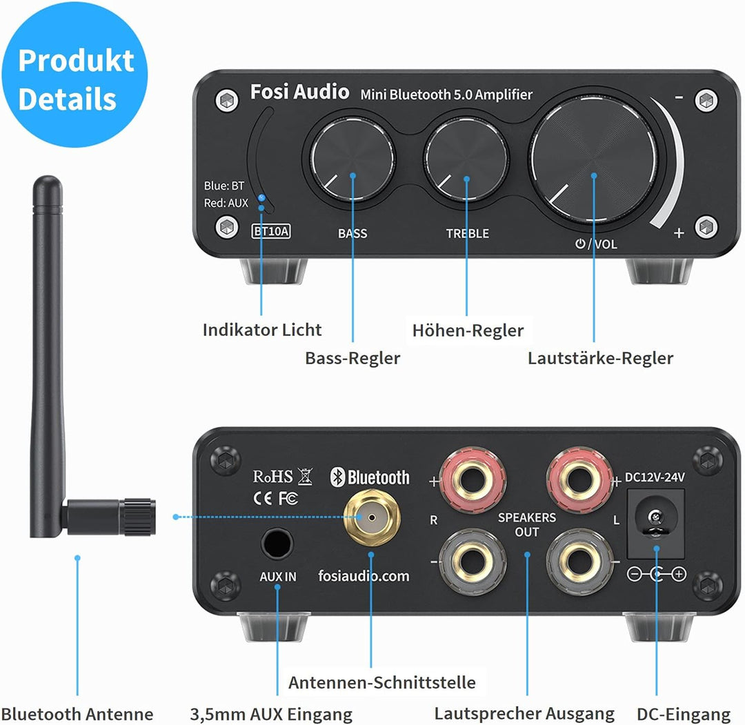 Fosi Audio BT10A Bluetooth 5.0 Stereo Audio Verstärker Empfänger 2 Kanal Klasse D Mini Hi-Fi Integri