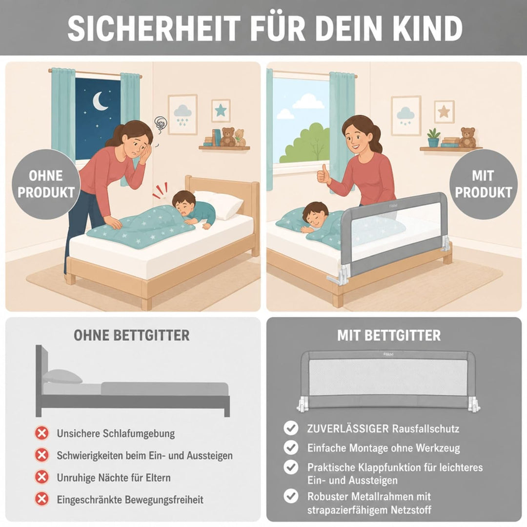 Fillikid Bettgitter für Standardbetten grau, Bettschutzgitter 150cm x 50cm, 100cm x 50cm, Kinderbett