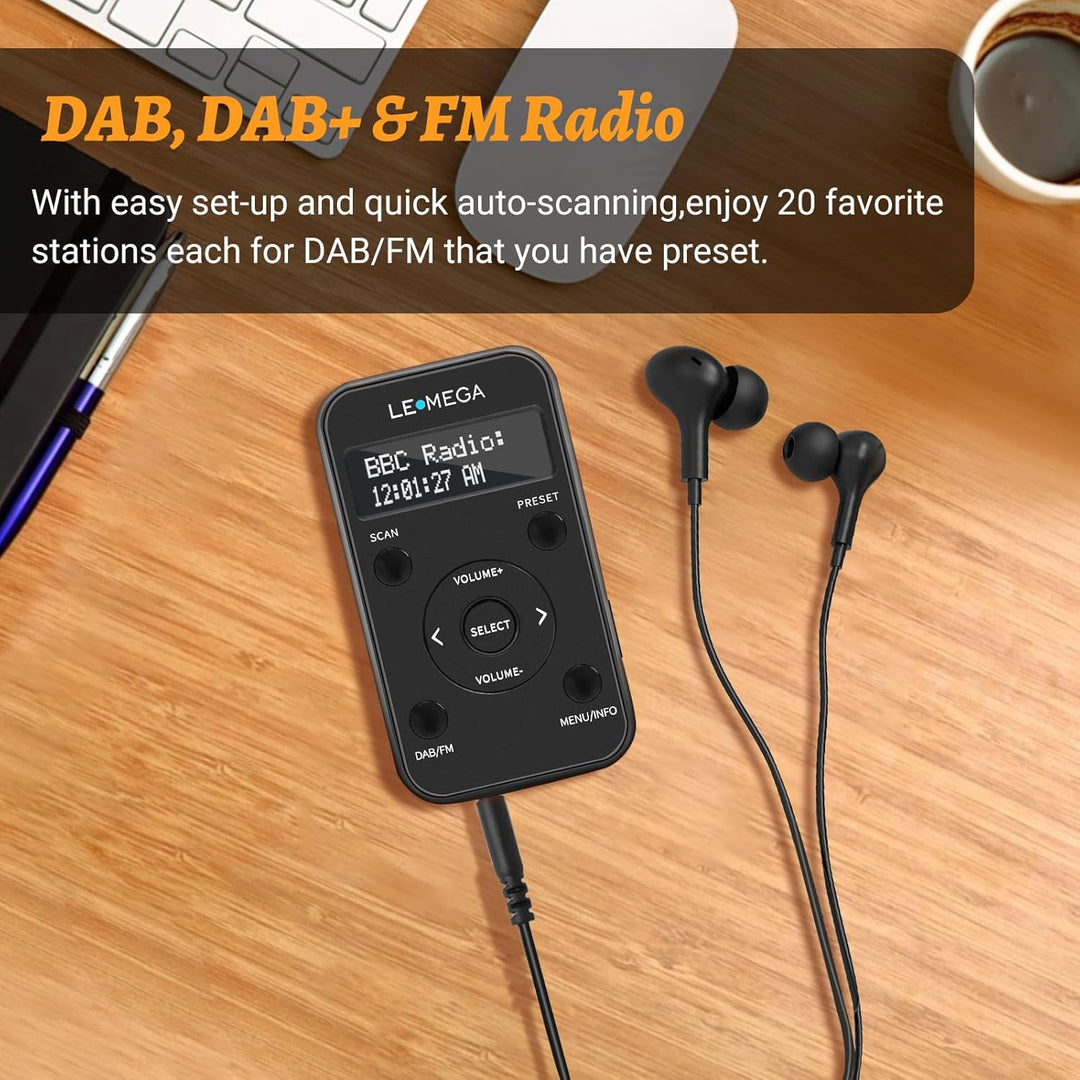 LEMEGA PR1L Taschen-DAB-Radio, FM-Radio, tragbares DAB+-Radio, inkl. Kopfhörer, wiederaufladbare Bat