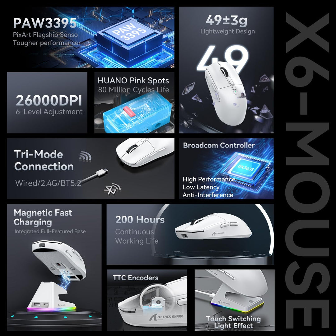 ATTACK SHARK X6 49g Superlight Maus mit magnetischer Ladestation, PixArt PAW3395 Gaming-Sensor, BT/2