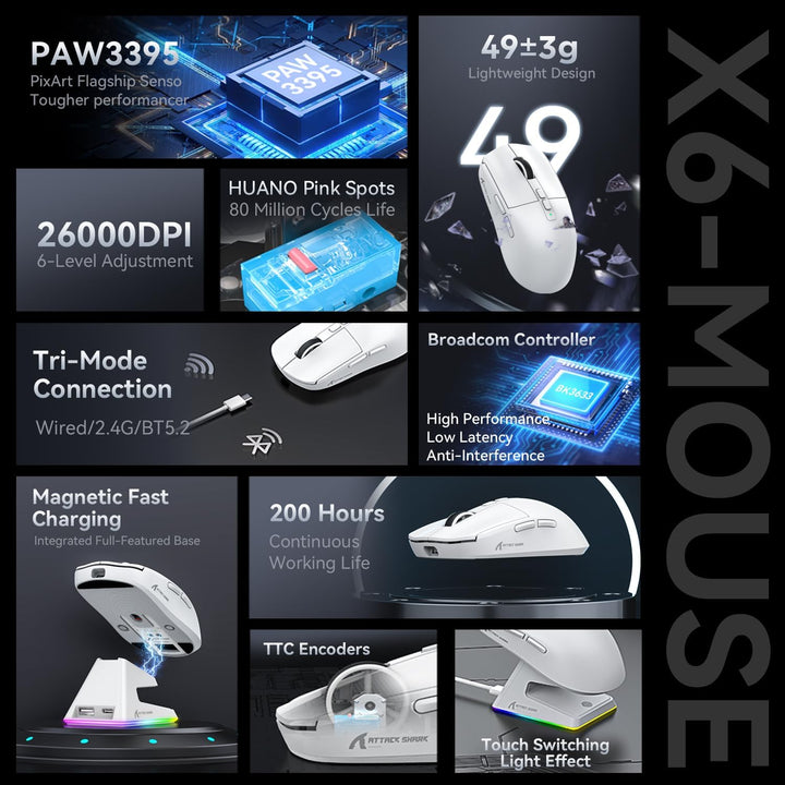 ATTACK SHARK X6 49g Superlight Maus mit magnetischer Ladestation, PixArt PAW3395 Gaming-Sensor, BT/2