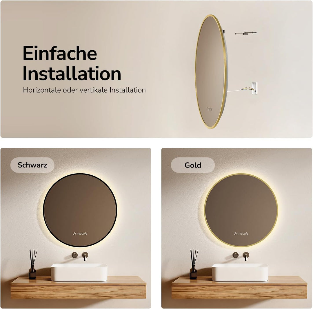 EMKE LED Badspiegel Rund Spiegel mit Beleuchtung ф60cm Gebürstetem Goldrahmen LED Badezimmerspiegel