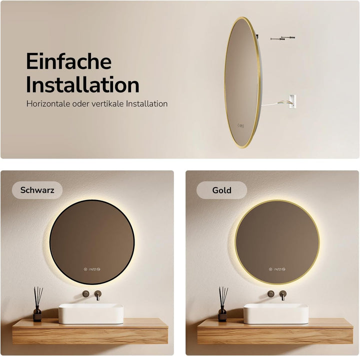 EMKE LED Badspiegel Rund Spiegel mit Beleuchtung ф60cm Gebürstetem Goldrahmen LED Badezimmerspiegel