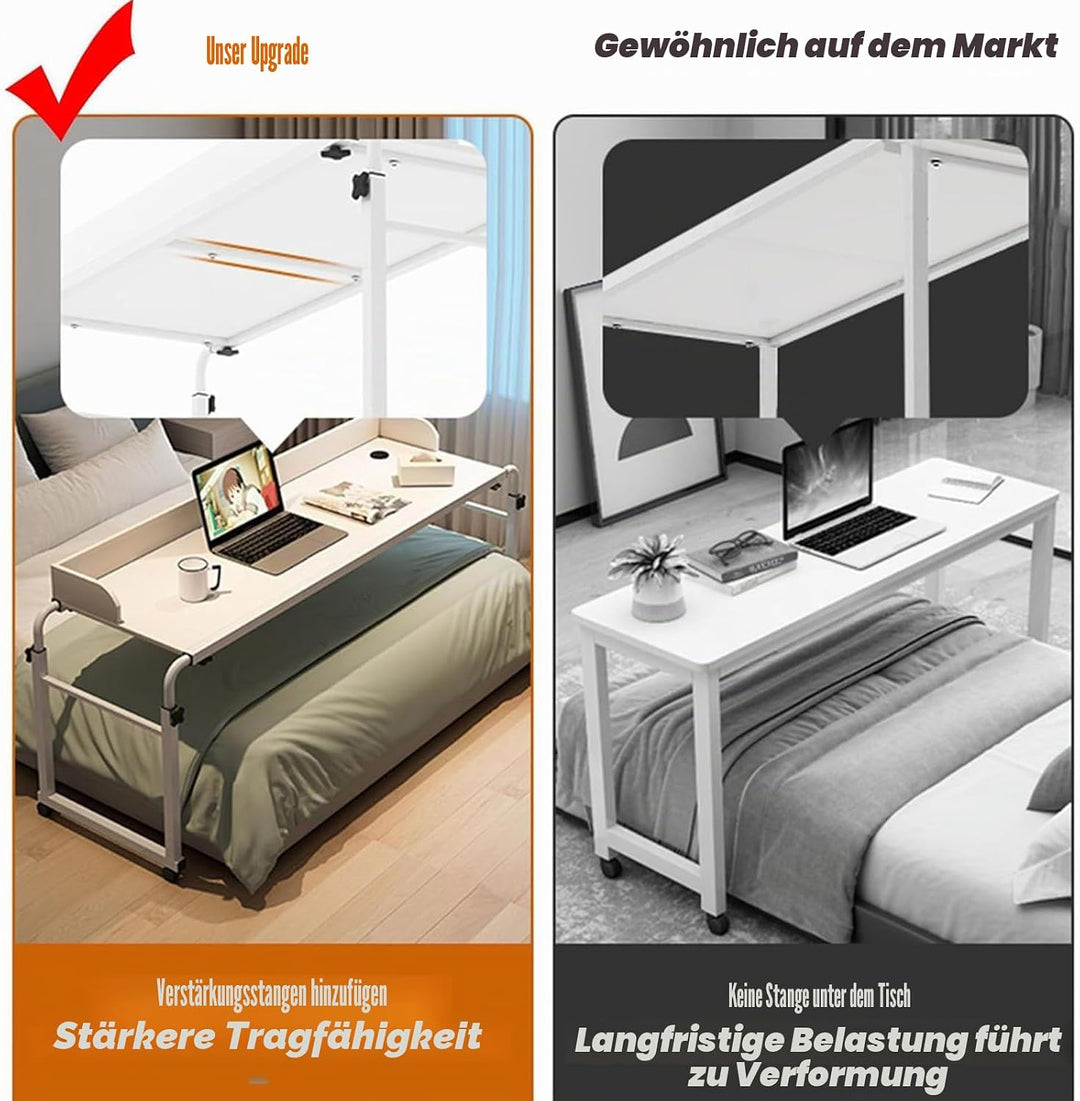 Über-Betttisch auf 4 Rollen Abschliessbar, Mobiler Schreibtisch Pflegetisch Laptoptisch Bettbeistell