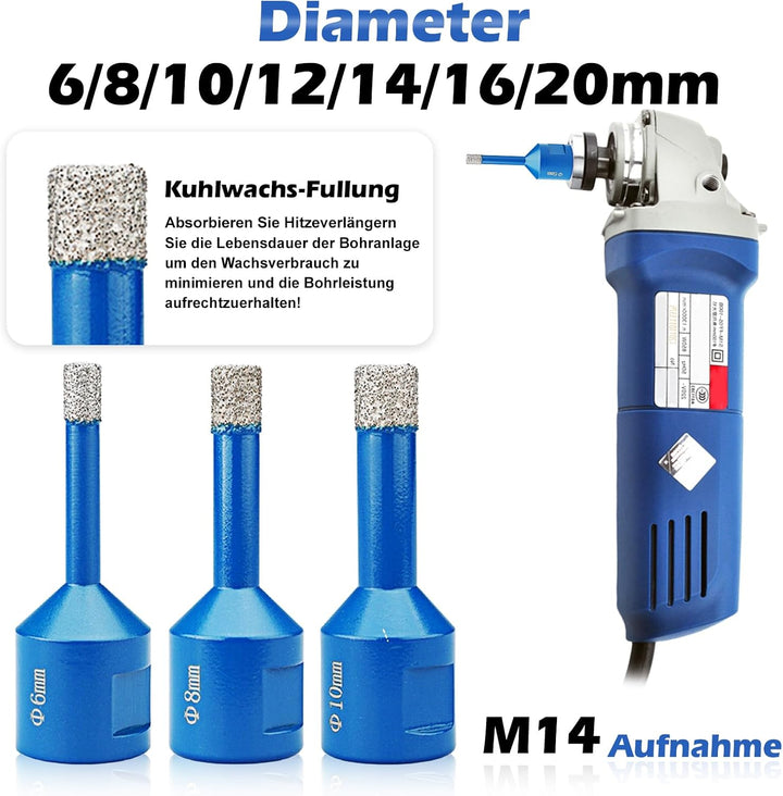 Diamant Fliesenbohrer 7 Stücke, Diamantbohrer Glasbohrer Set Für M14 Winkelschleifer ø 6/8/10/12/14/