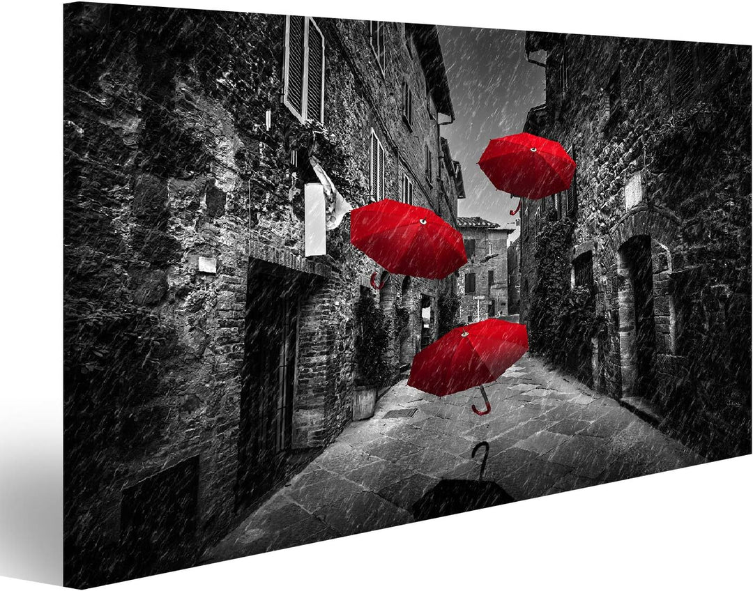 islandburner Bild auf Leinwand Regenschirme Fliegender Wind Regen Dunkle Strasse Alte italienische S