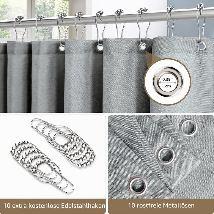 VANZAVANZU Duschvorhang Leinen mit Metall Duschvorhangringe Stoff Textil Badewannenvorhang Anti Schi