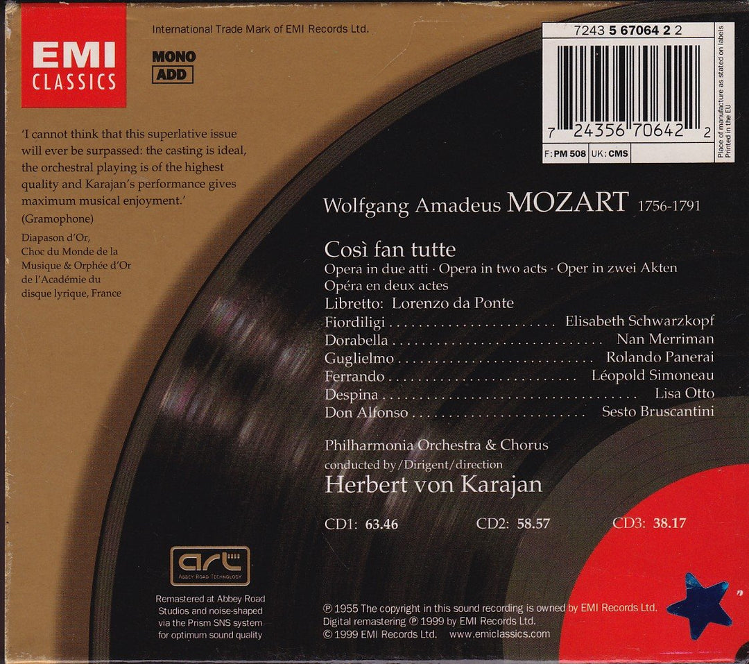 Mozart: Cosi Fan Tutte (Gesamtaufnahme), Audio-CD