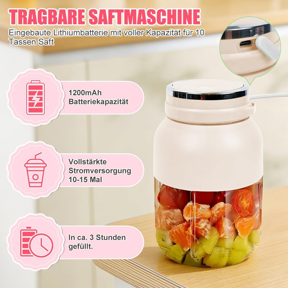 Fresh Juice Mixer Flasche, Smoothie Maker to Go, 1200 ml Flaschenmixer mit 38 Klingen, Tragbarer Mix