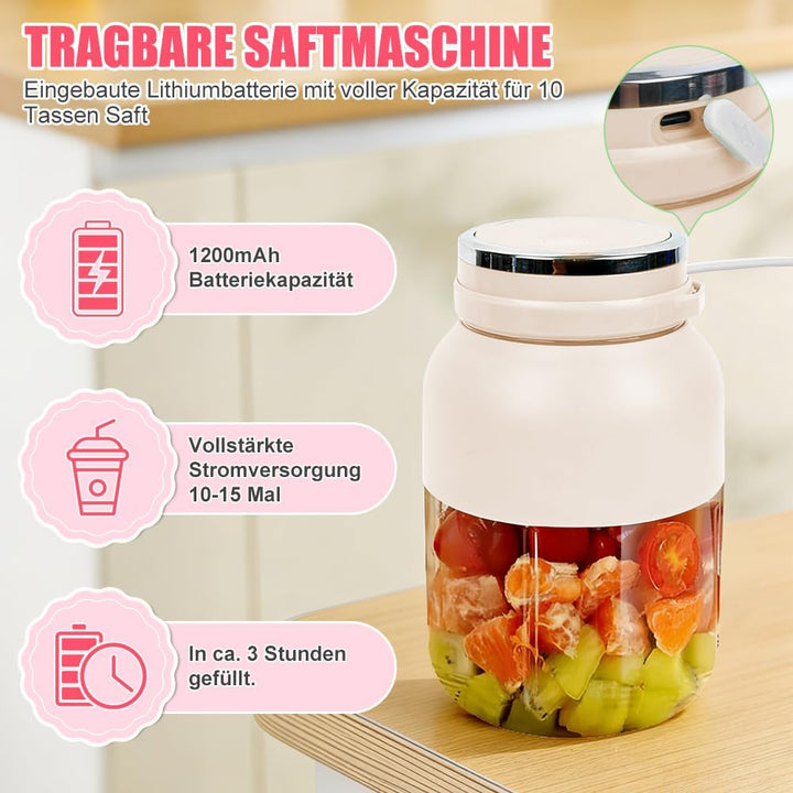 Fresh Juice Mixer Flasche, Smoothie Maker to Go, 1200 ml Flaschenmixer mit 38 Klingen, Tragbarer Mix