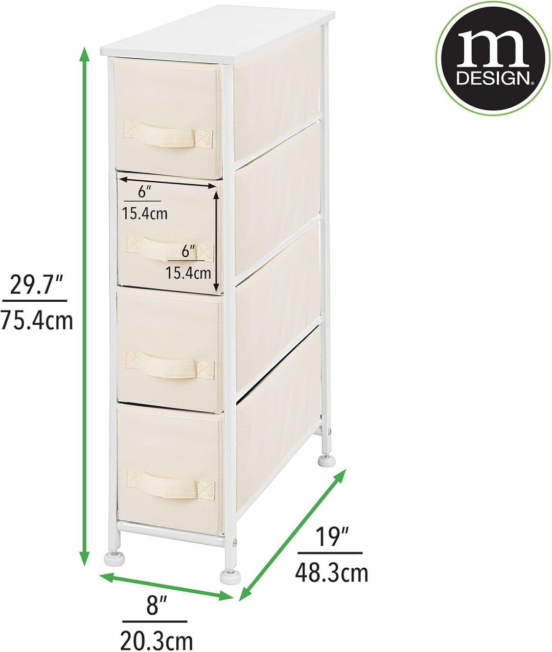 mDesign Kommode mit 4 Schubladen – schmaler Schubladenschrank mit MDF-Holzplatte für Schlafzimmer, W