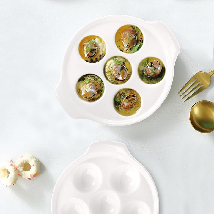 Okllen 4 Stück Keramik-Escargot-Teller mit 6 Löchern und Griffen, 16,5 cm Meeresfrüchte-Schnecken-Sc