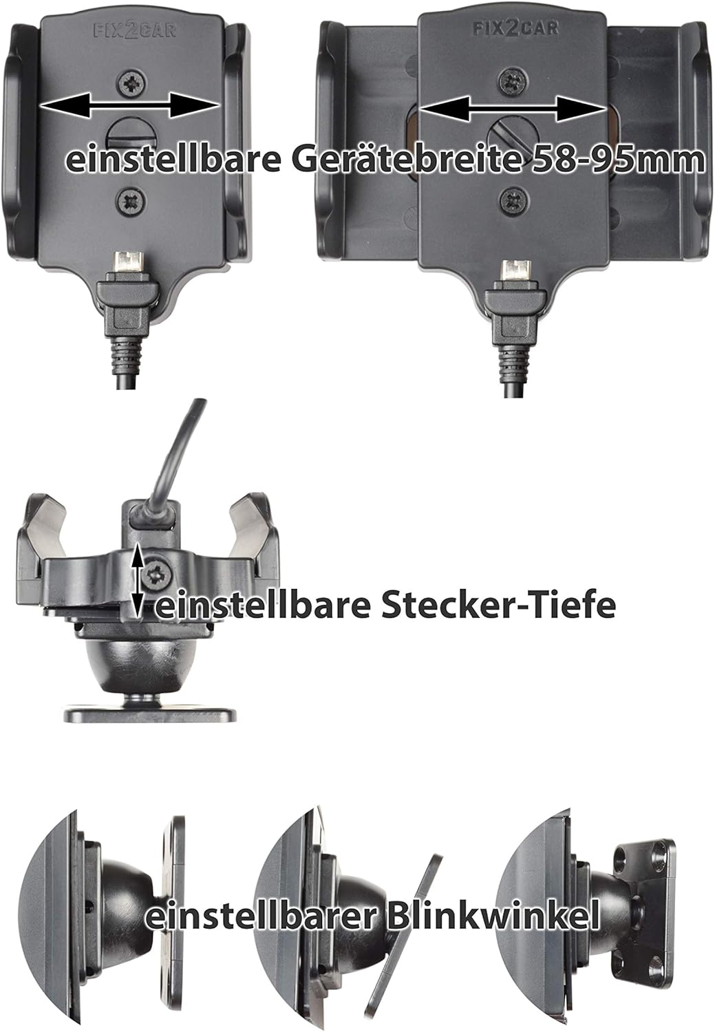 KUDA Fix2Car Universal Smartphone Ladehalter (Gerätebreite 58-95mm) mit Micro-USB Stecker, Micro-USB