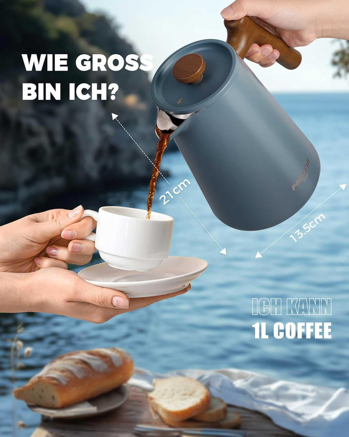 POLIVIAR 7379 French Press 1 Liter Edelstahl – Doppelwandige French Press Thermo Kaffeepresse mit Ho