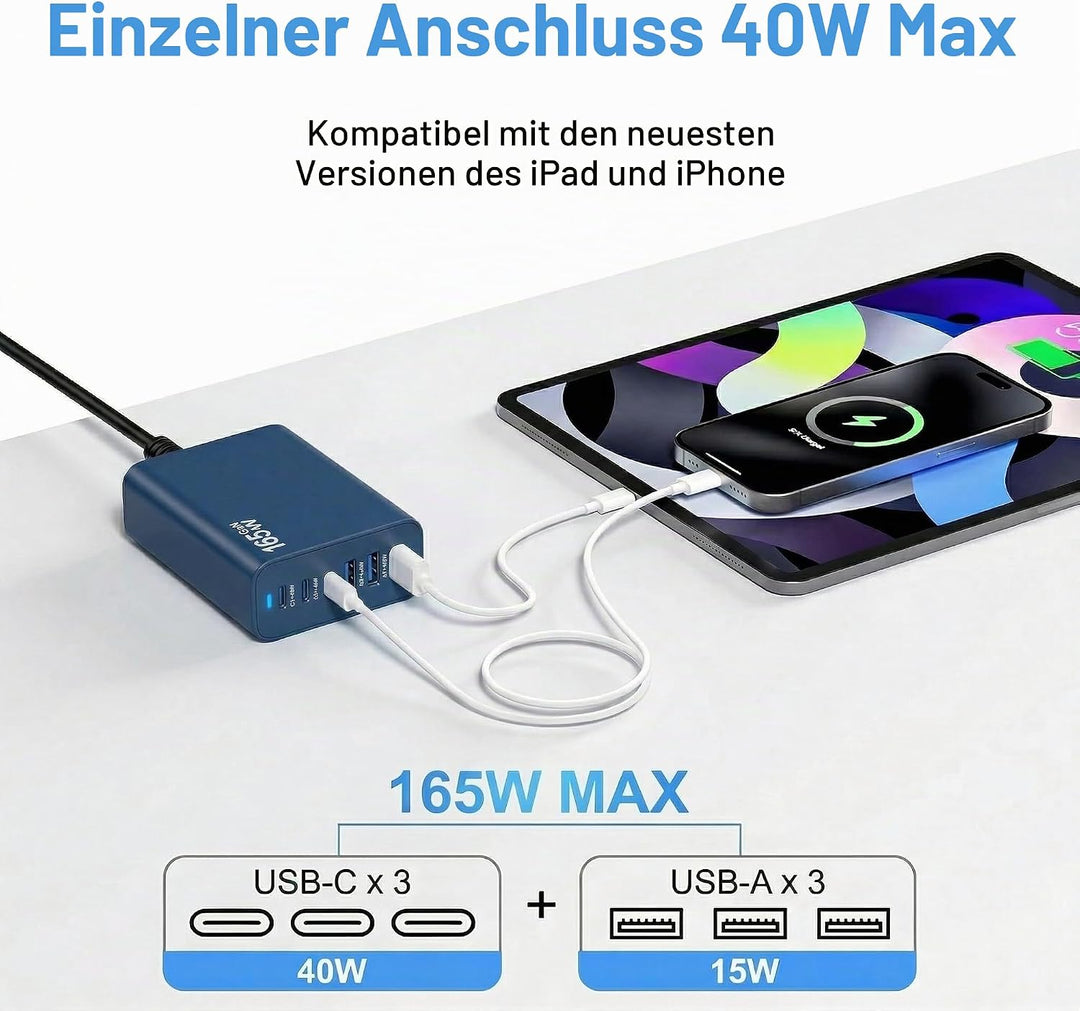 6 Ports Ladestation Schnellladegerät, 165W USB C Schnelllade Netzteil, PD Power GaN Ladegerät kompat