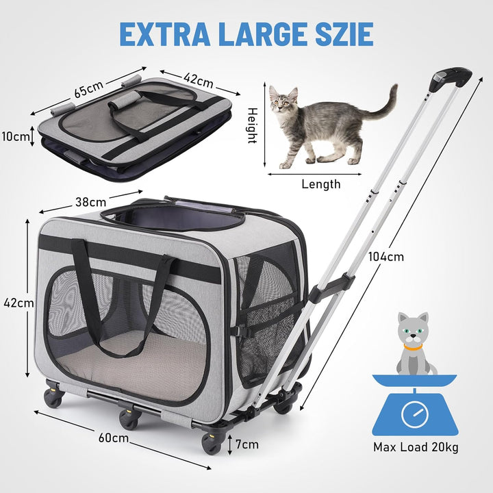 Transportbox Katze Gross bis 20kg, 2-in-1 Hunde Transportbox mit Rollen, Katzentransportbox Hundebox