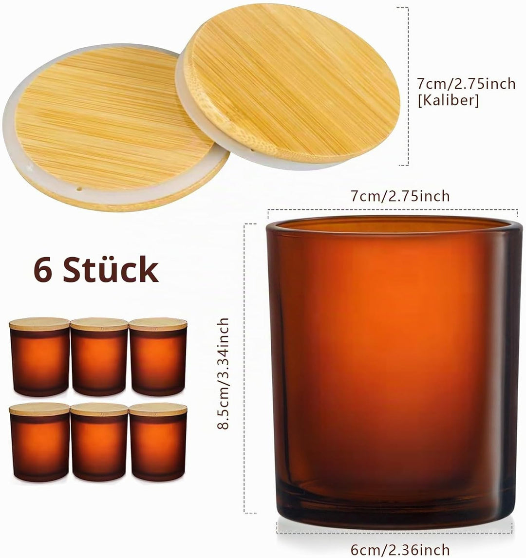6er-Pack Kerzengläser mit Bambusdeckel (200ml) - 3mm Dickwandiges & Hitzebeständiges Glas - Elegante