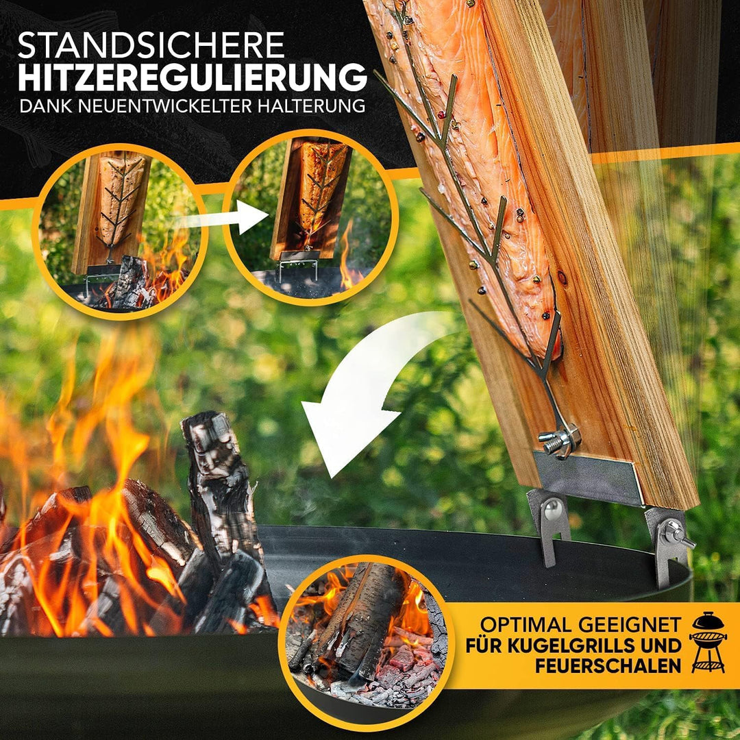 Flammlachsbrett mit Halterung aus Edelstahl (100% Made IN Germany) Lachsbrett aus 100% hochwertiger