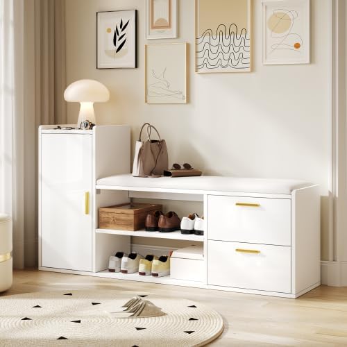 Merax Schuhschrank mit Sitzbank – Hochglanz Schuhregal mit 2 Schubladen, 1 Schrank und gepolsterter